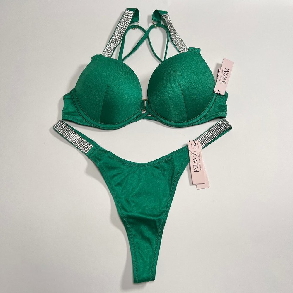 Victoria Secret 32A XS Bombshell Push Up Bikini Top THONG Set Shine Strap Green